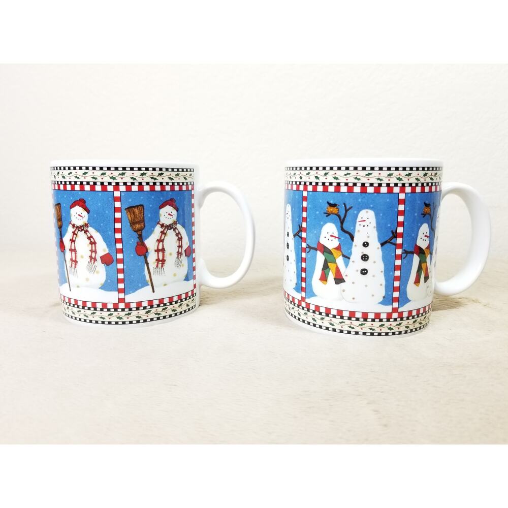 Christmas Sakura Snowman Coffee Mug Teacup 12oz Debbie Mumm 4" Stoneware x2 Vtg